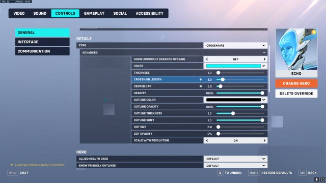 Crosshair settings for Echo in Overwatch 2.