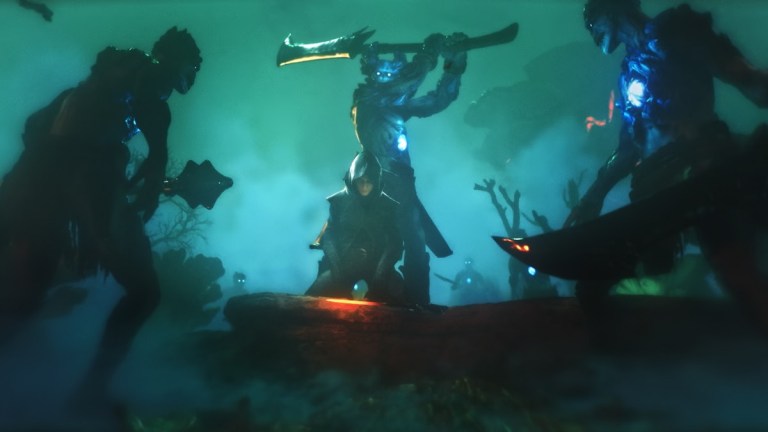 A dark forest in Enshrouded with four characters battling.