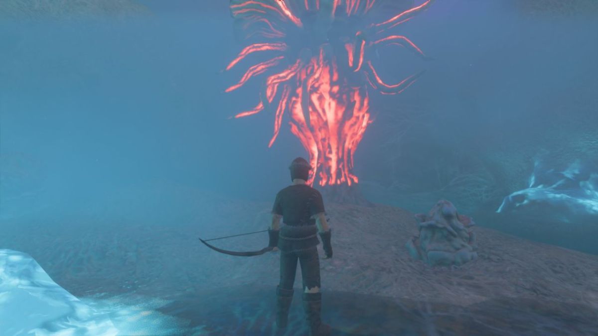 An Enshrouded screenshot showing the player character standing in front of a Shroud Root.