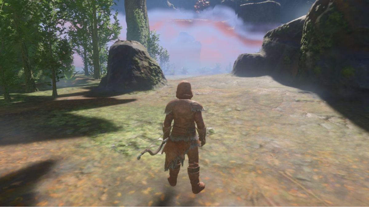 A screenshot of the player character in Enshrouded staring at a deadly shroud.