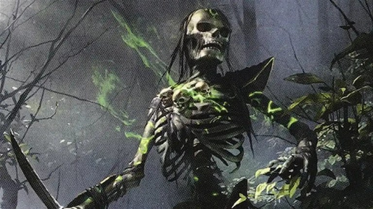 MTG skeleton walking in green magic ooze.