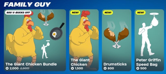The Family Guy Giant Chicken skin bundles on the Fortnite store