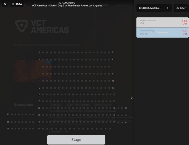 Sold out VCT Americas ticket page for Feb. 17.