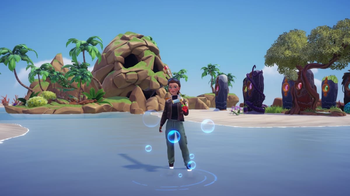 The player fishing at Dazzle Beach in front of Skull Rock.