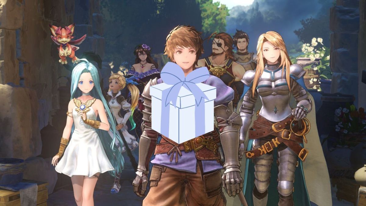 A screenshot of a party of characters in Granblue Fantasy: Relink with a cartoony gift box on top of the picture.