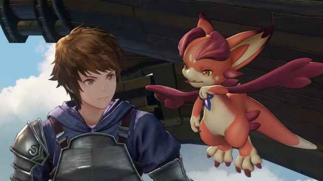 A screenshot of the player character and their dragon companion from Granblue Fantasy: Relink