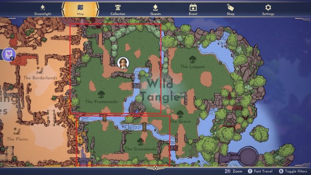 A map of the Wild Tangle biome with The Promenade and The Grasslands outlined.