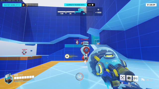 Lucio shown in first-person view in a map with generic blue walls.