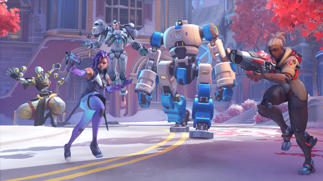 Sojourn, Sigma, Sombra and Zenyatta attacking around a robot.