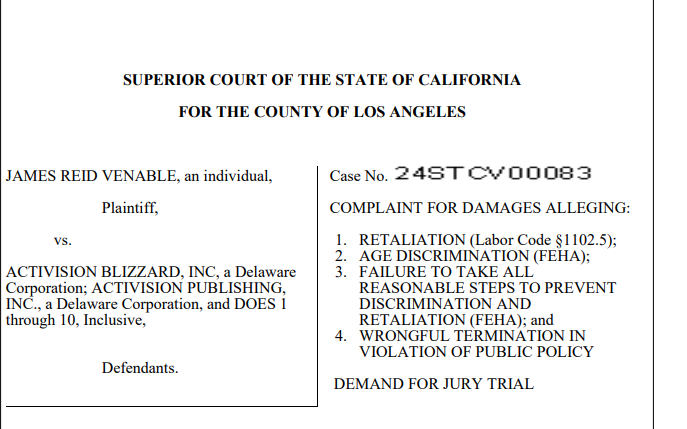 Screenshot of summary of former Activision executive's lawsuit against the company.