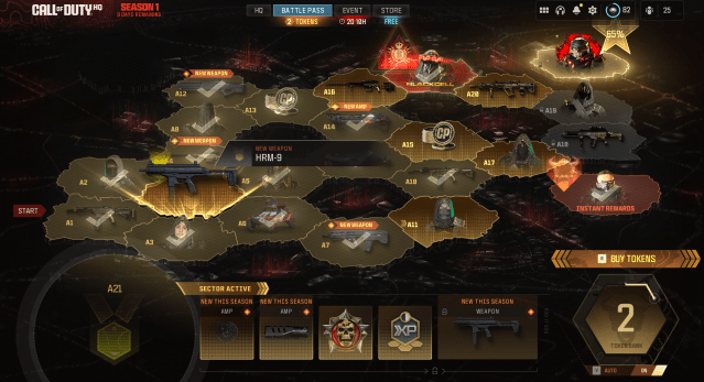 A screenshot of the MW3 Season 1 battle pass with each complete sector highlighted in gold.