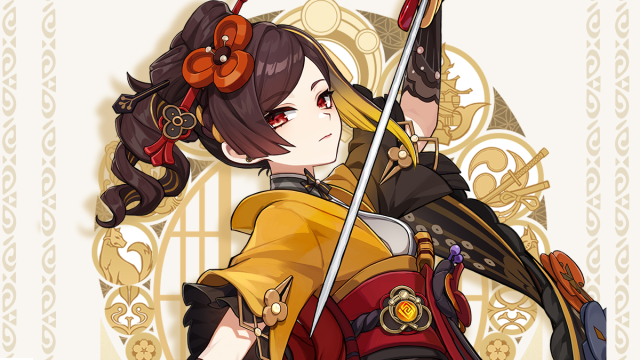 Brown-haired woman wielding a sword.