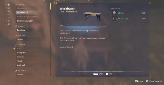 The in-game recipe for a workbench in Enshrouded.