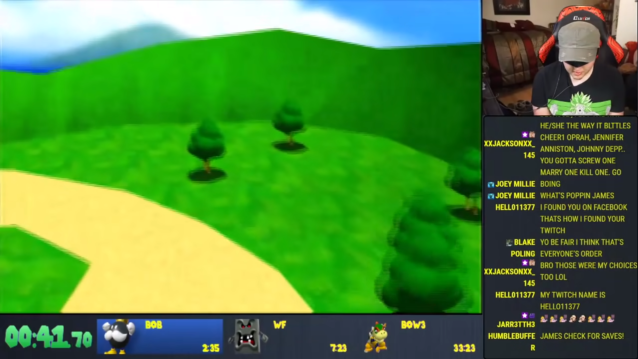 Twitch streamer Superfast Jellyfish playing Super Mario 64 blindfolded.