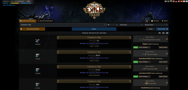 A screenshot of the PoE Trade website.