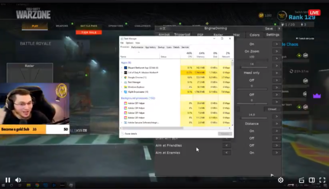 Mr Golds having a cheat software menu open during a live Warzone stream.