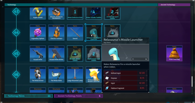 The Relaxaurus Missile Launcher recipe in Palworld