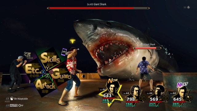 The party facing off against a giant shark in Like a Dragon: Infinite Wealth