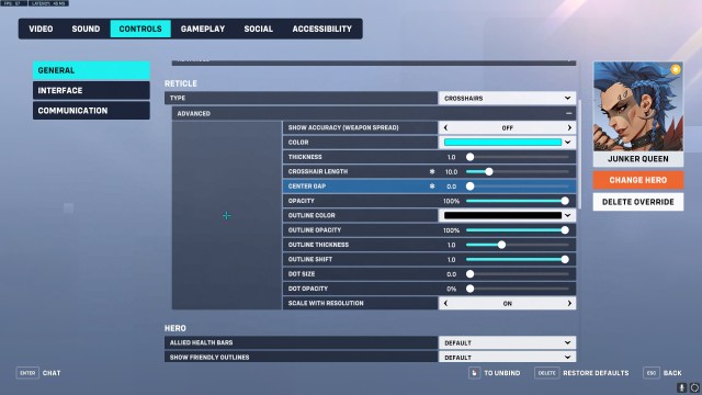 Crosshair settings for Junker Queen in Overwatch 2.