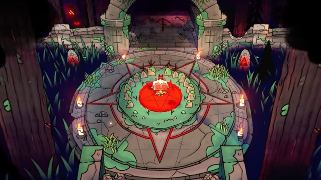 Lamb standing in a circle in the dungeon in cult of the lamb