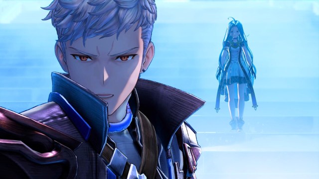 A man and a girl standing on stairs in Granblue Fantasy Relink
