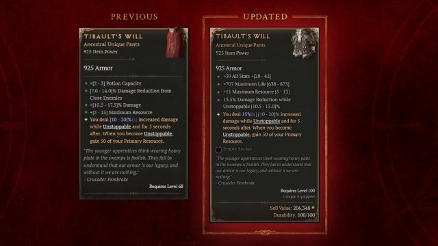 Two cards showing the old and new stats for Tibault's Will in Diablo 4