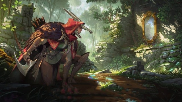 A ranger-like character in a red hooded cloak crouches on a road in a forest.