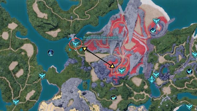 A screenshot of Palworld highlighting two fast travel points with a black arrow with two sides pointing to them.