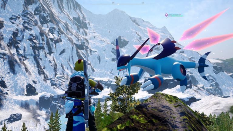 A Palworld screenshot showing a player's Jetragon hovering over a mountain.