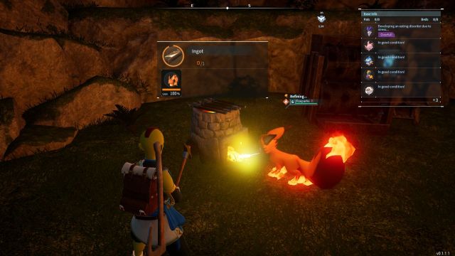 In Palworld, Foxparks breathing fire on a Primitive Furnace to craft Ingots.