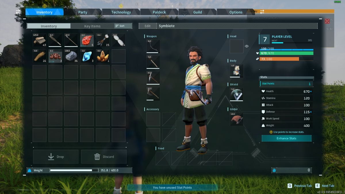 Palworld character stat screen