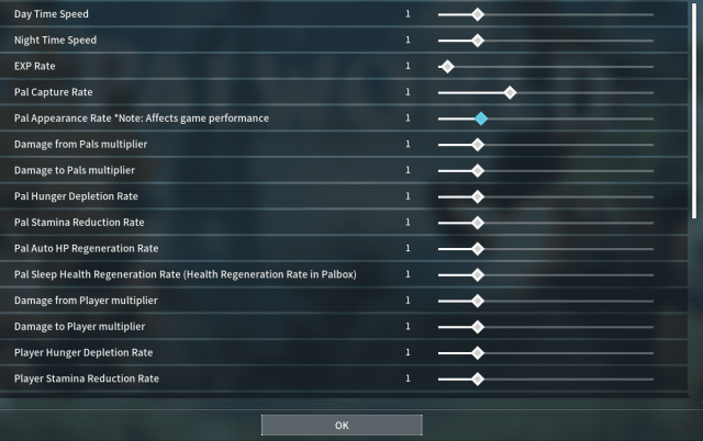 Palworld world settings and sliders