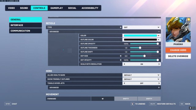 Pharah crosshair settings in Overwatch 2.