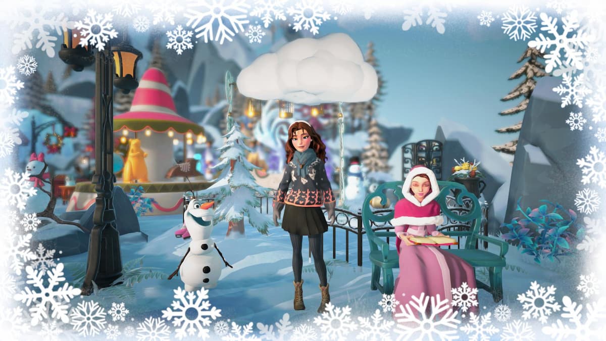 The player standing in a winter wonderland with Olaf and Belle.