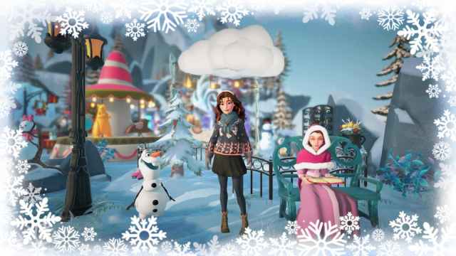 The player standing in a winter wonderland with Olaf and Belle.