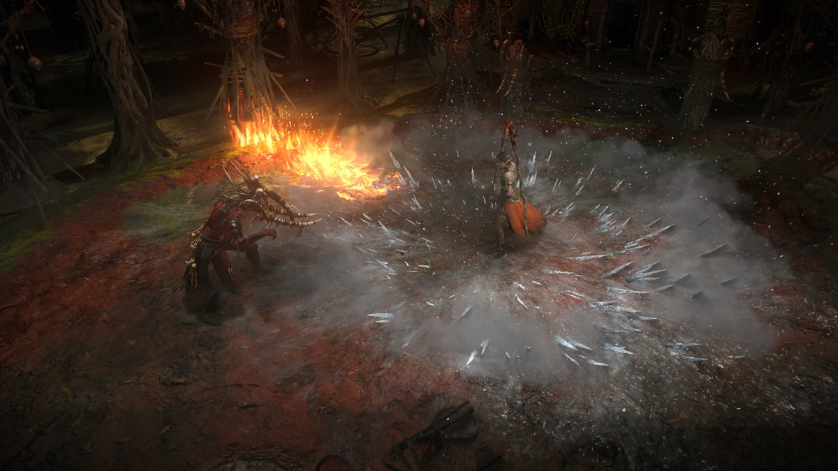 Characters and monsters wield fire and ice in a forest in Path of Exile 2.