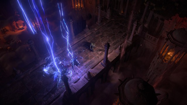 Lightning strikes the ground near a character in the rain in Path of Exile 2.