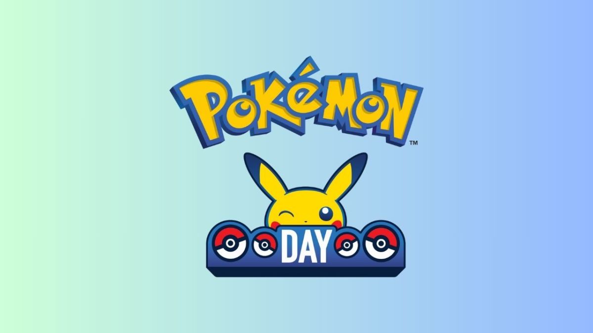 Logo for Pokémon Day featuring a cheerful Pikachu above a blue banner with Pokéball designs and the text Pokémon DAY in bold letters.