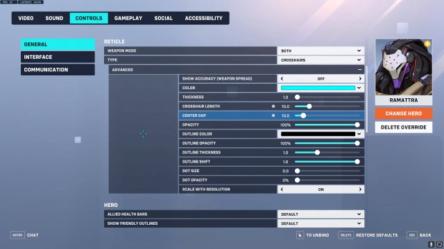 Crosshair settings for Ramattra in Overwatch 2.