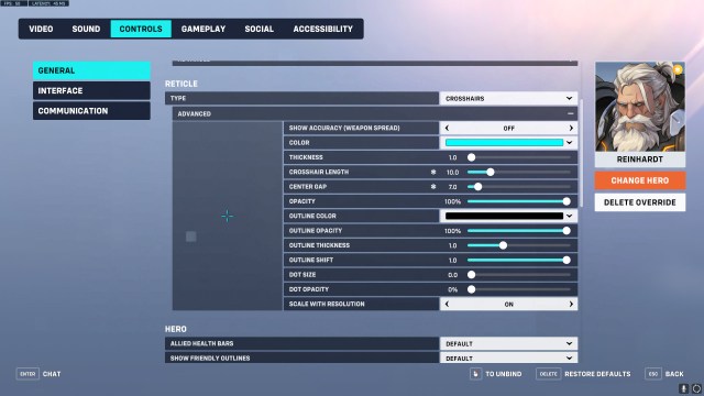 Crosshair settings for Reinhardt in Overwatch 2.