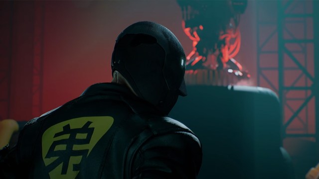 A character in a helmet and leather jacket turns to look behind them in Ruiner.