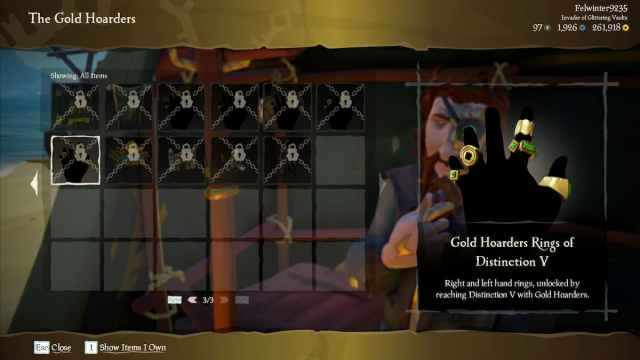 Sea of Thieves menu displaying the different rings on a pirate's hand.