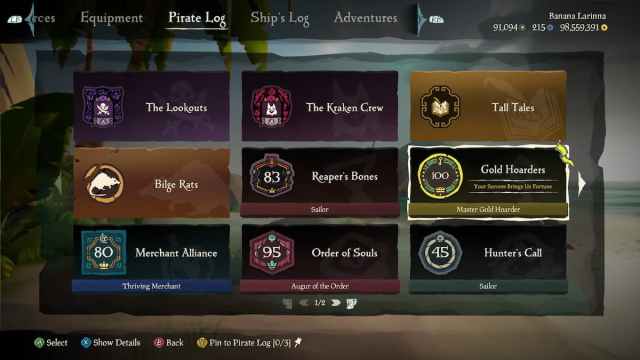 Reputation screen in the Pirate Log with Gold Hoarders at level 100