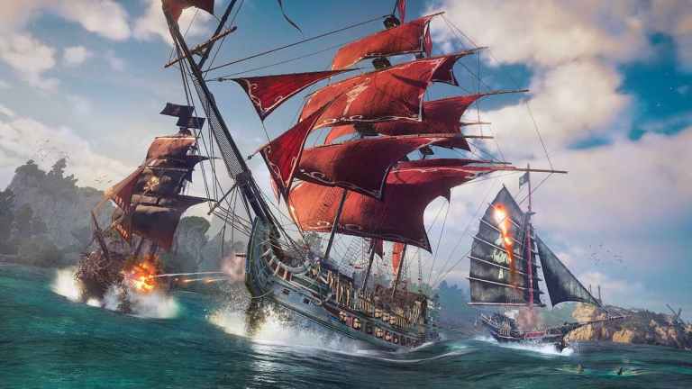 Three pirate ships fighting each other in the sea