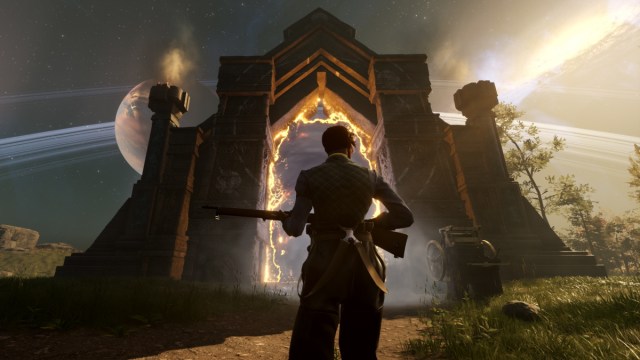 A character in Nightingale stood in front of a giant portal.