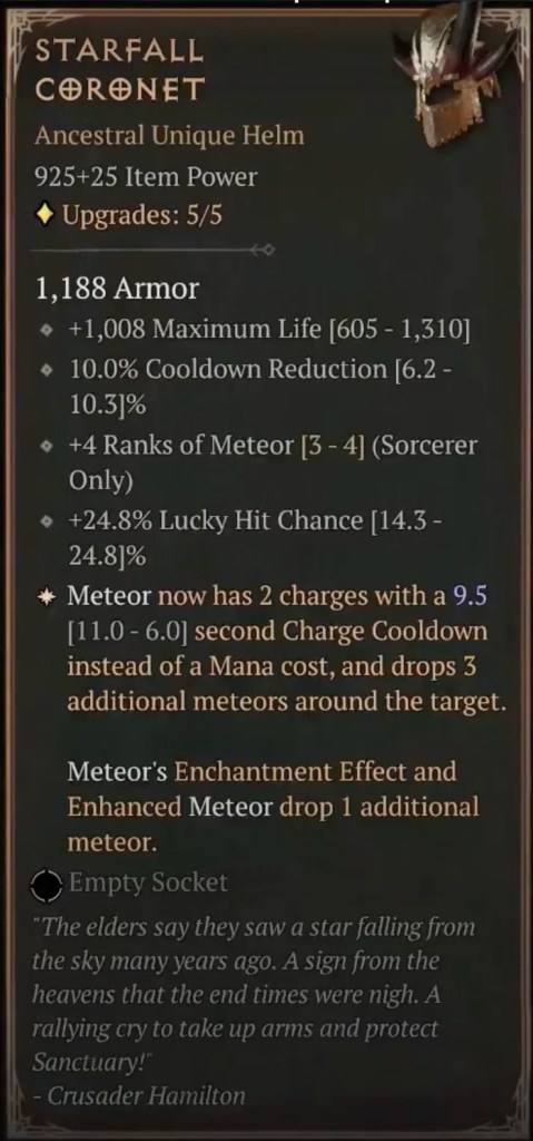Starfall Coronet item description in Diablo 4.