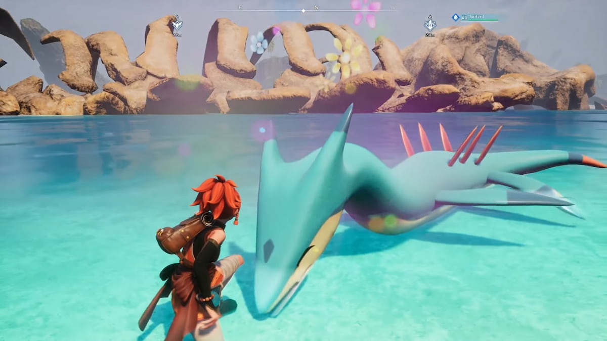 Surfent being pet in Palworld.