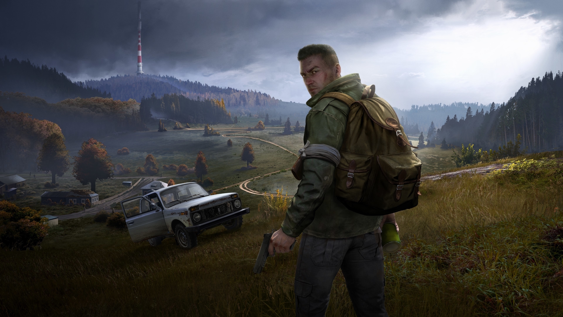 A promotional image of the player character in a deserted area from DayZ.