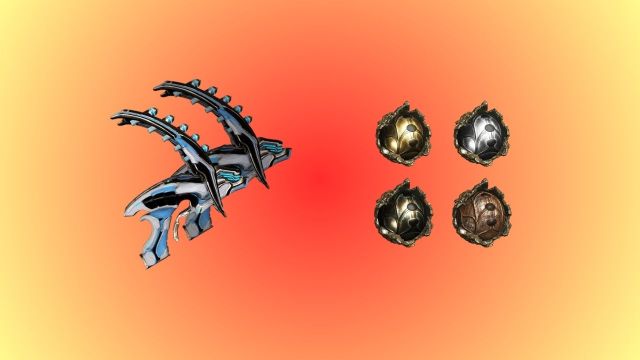A picture of regular Akarius in Warframe next to four relics on a gradient background.