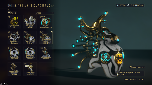 An Ayatan Piv Sculpture is presented in the Ayatan Treasures screen. It has been socketed with three Ayatan Stars, making its Endo value 1725.